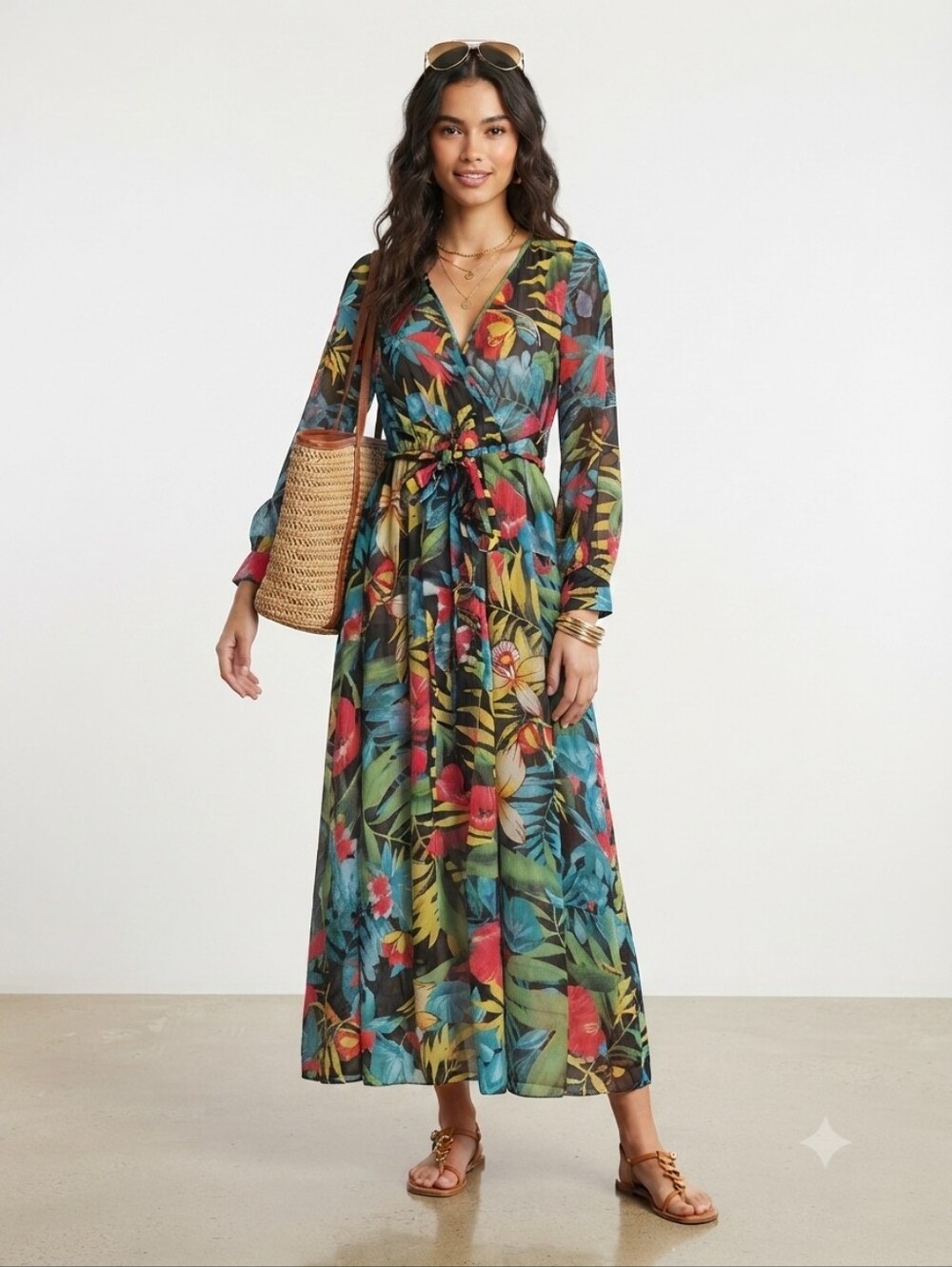 NEW Tropical Jungle Print Semi-Sheer Maxi Dress Size S/M